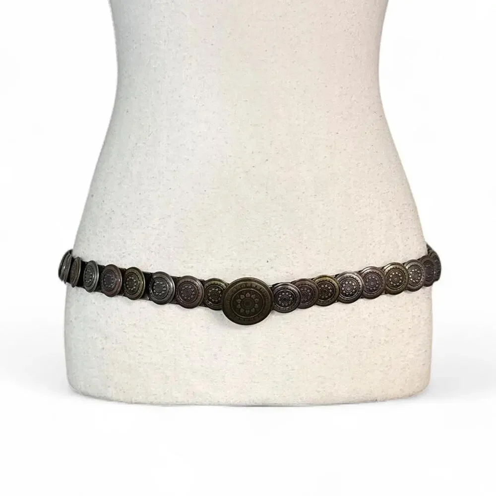 Y2K Boho festival accessory Black belt with bronze-colored circular medallions